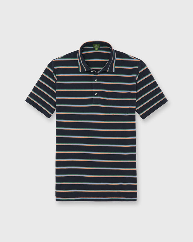 Short Sleeved Polo In Navy Peach Green Stripe Pima Pique