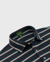 Short Sleeved Polo In Navy Peach Green Stripe Pima Pique
