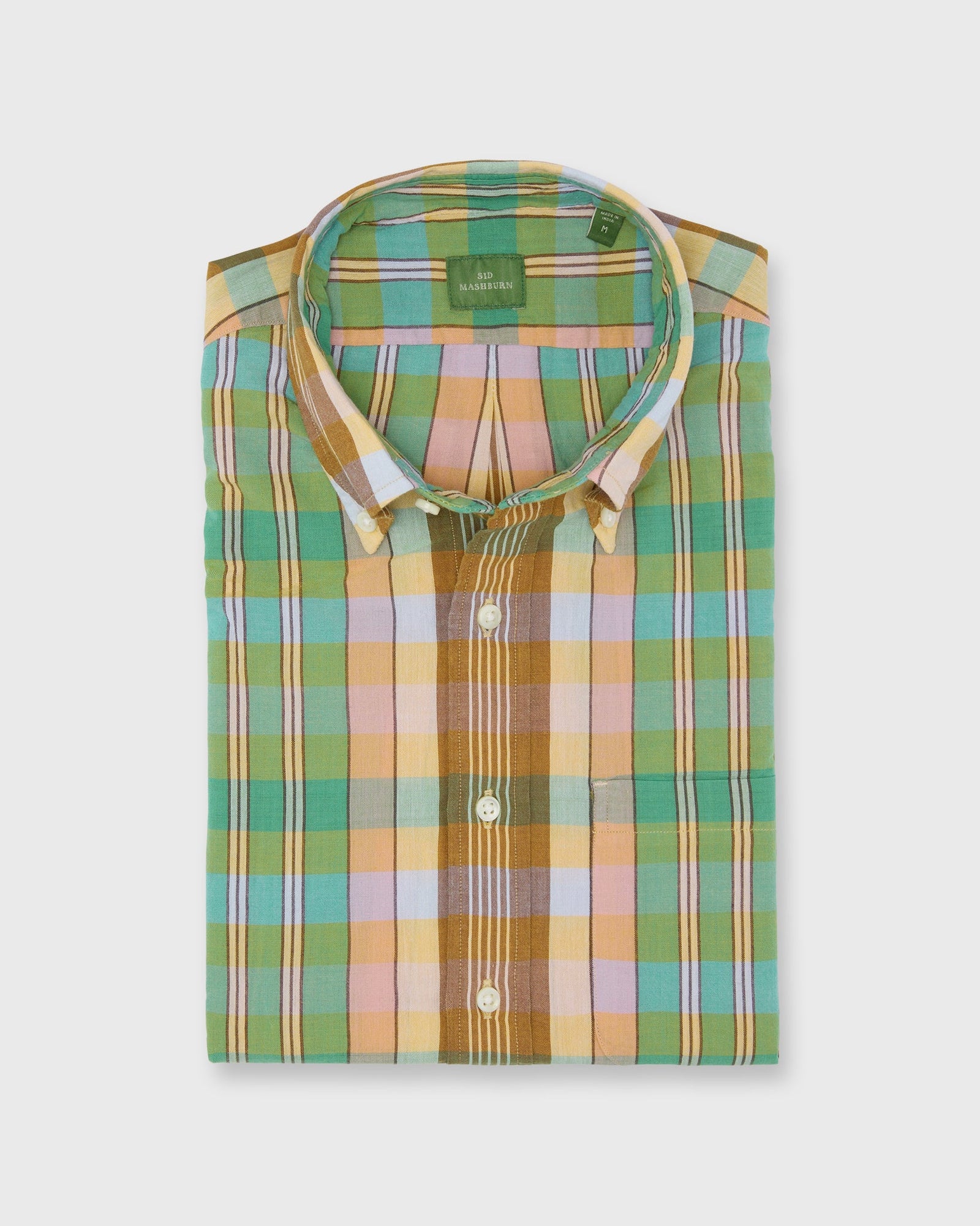 Button Down Sport Shirt In Mango Green Brown Madras