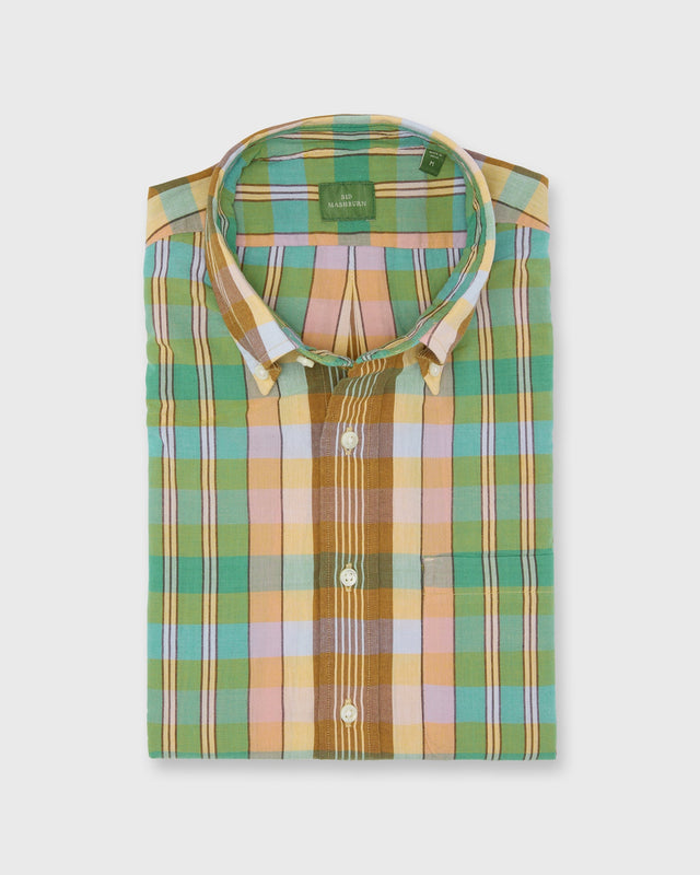 Button Down Sport Shirt In Mango Green Brown Madras