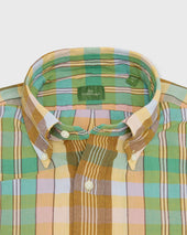 Button Down Sport Shirt In Mango Green Brown Madras