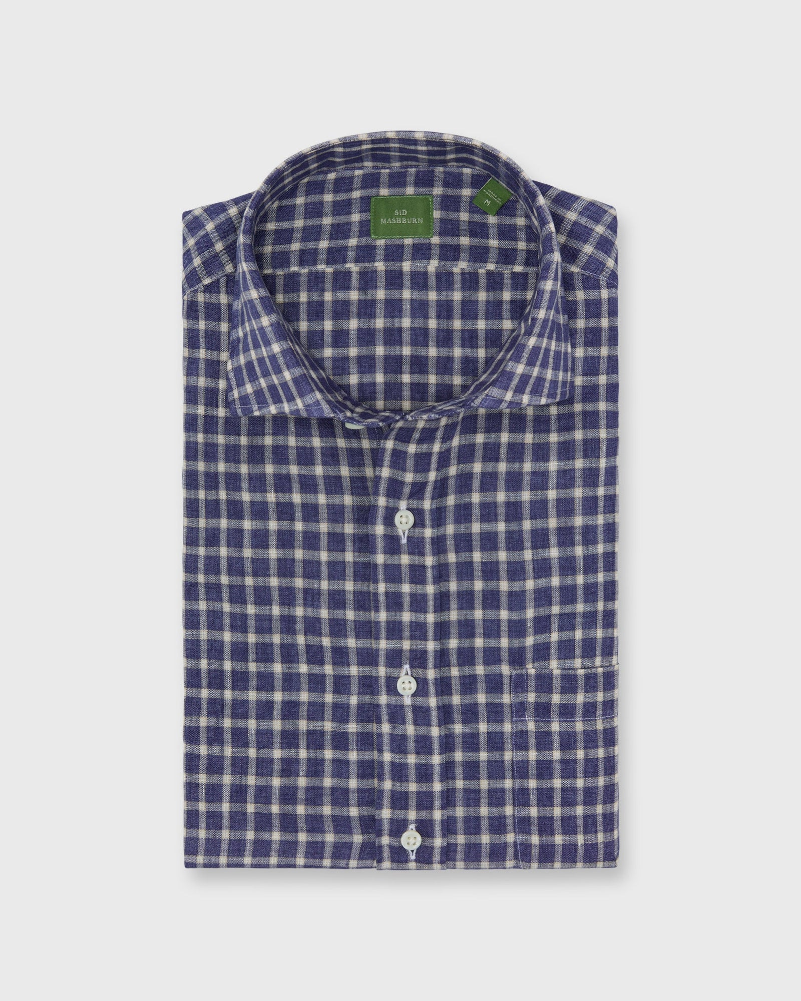 Spread Collar Sport Shirt in Navy/Bone/Khaki Windowpane Linen