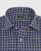 Spread Collar Sport Shirt In Bone Khaki Windowpane Linen