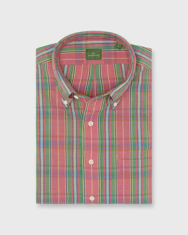 Button Down Sport Shirt In Coral Green Yellow Madras