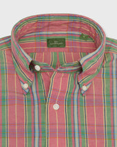Button Down Sport Shirt In Coral Green Yellow Madras
