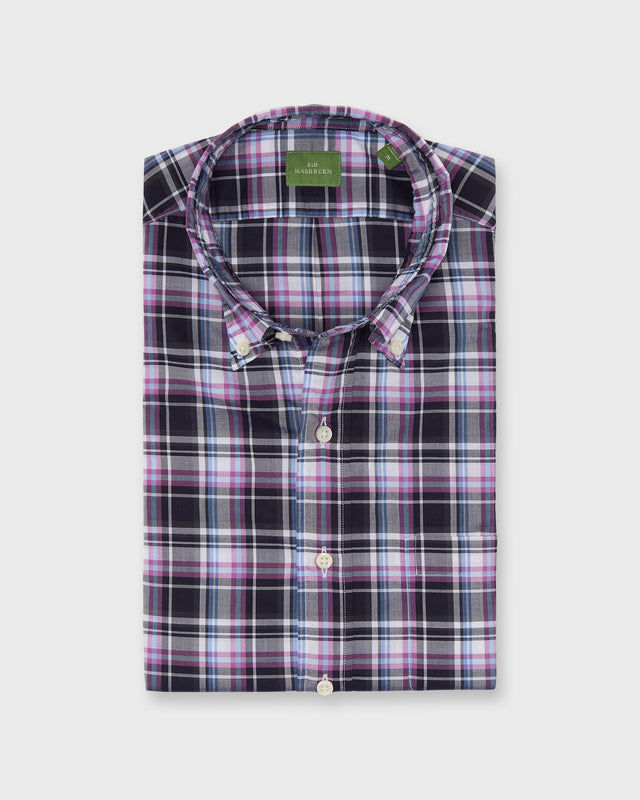 Button Down Sport Shirt In Navy Berry Plaid Poplin