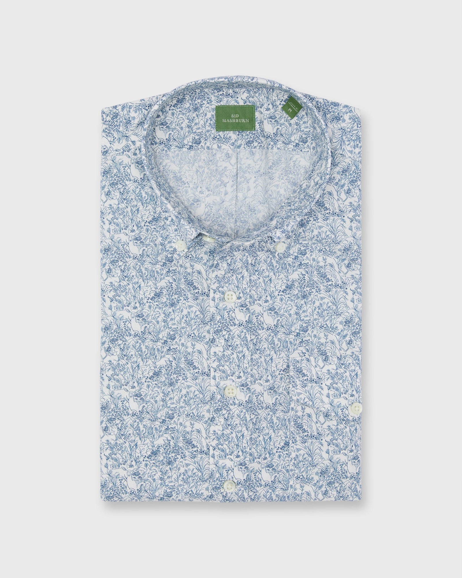 Short Sleeved Button Down Sport Shirt In Navy Wild Woodland Liberty Fabric