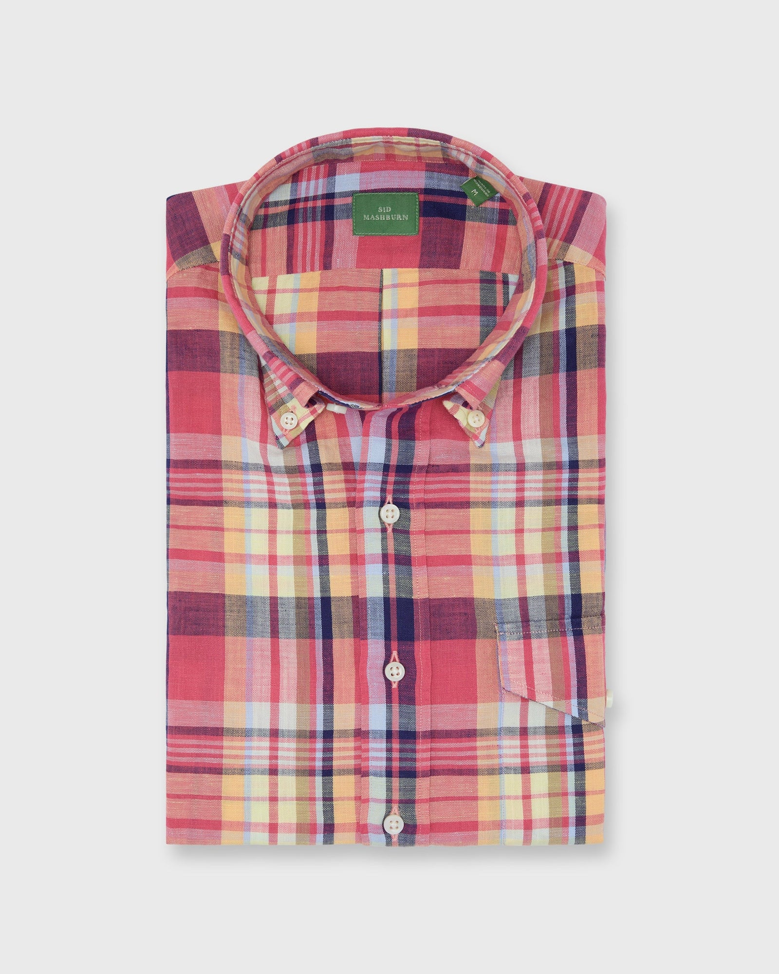 Short Sleeved Button Down Sport Shirt In Berry Blue Plaid Cotolino Oxford