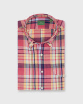 Short-Sleeved Button-Down Sport Shirt in Berry/Yellow/Blue Plaid Cotolino Oxford