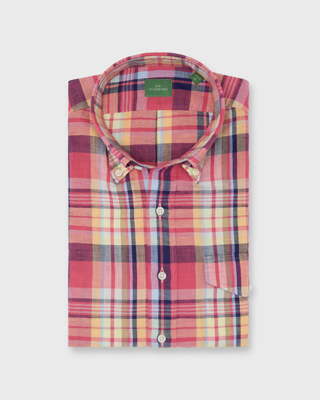 Short-Sleeved Button-Down Sport Shirt in Berry/Yellow/Blue Plaid Cotolino Oxford
