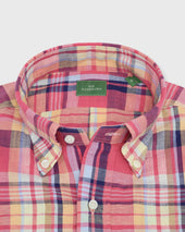 Short Sleeved Button Down Sport Shirt In Berry Blue Plaid Cotolino Oxford
