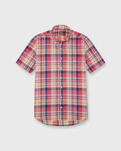 Short Sleeved Button Down Sport Shirt In Berry Blue Plaid Cotolino Oxford