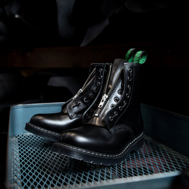 Black Hi-Shine 8 Eye Derby Boot & Zip Guard
