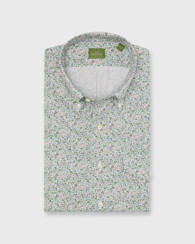 Short-Sleeved Button-Down Sport Shirt in Pink/Lavender/Multi Agnes Meadow Liberty Fabric