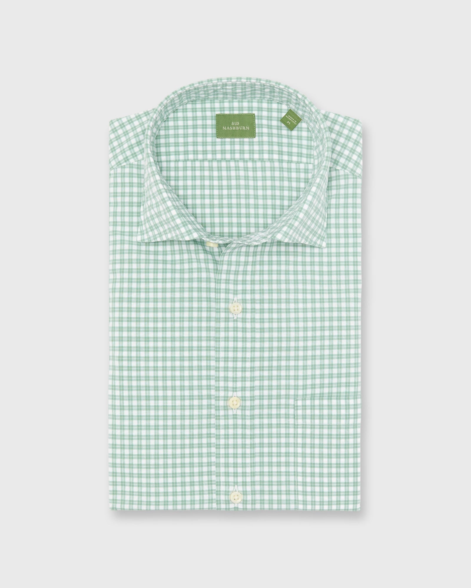 Spread Collar Sport Shirt in White/Sage Check Poplin