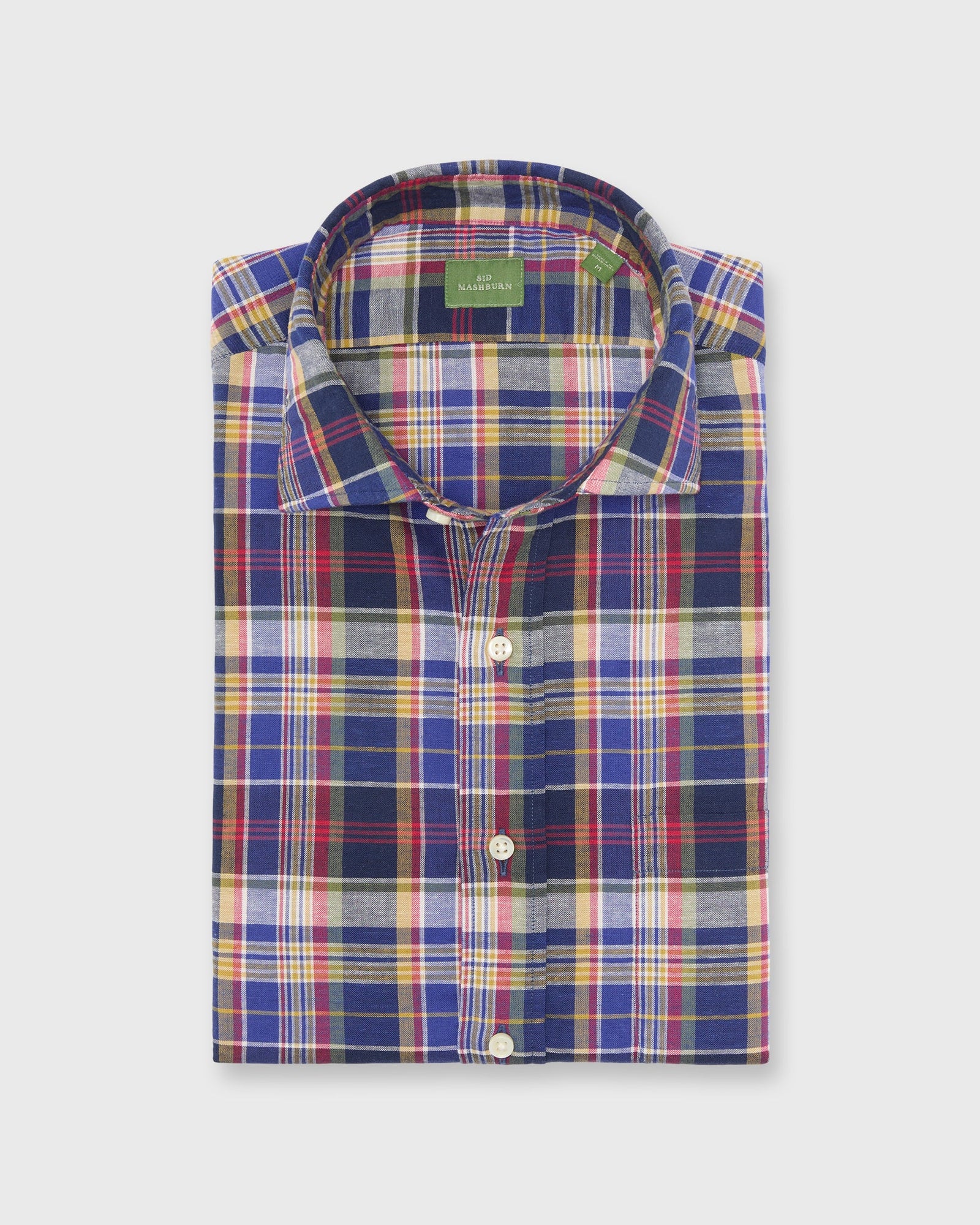 Spread Collar Sport Shirt in Blue/Red/Olive Plaid Chambray