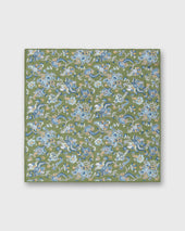 Linen Cotton Print Pocket Square In Green Sky Jacobean Floral