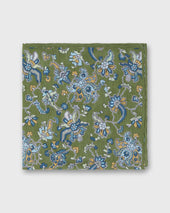 Linen Cotton Print Pocket Square In Green Sky Jacobean Floral