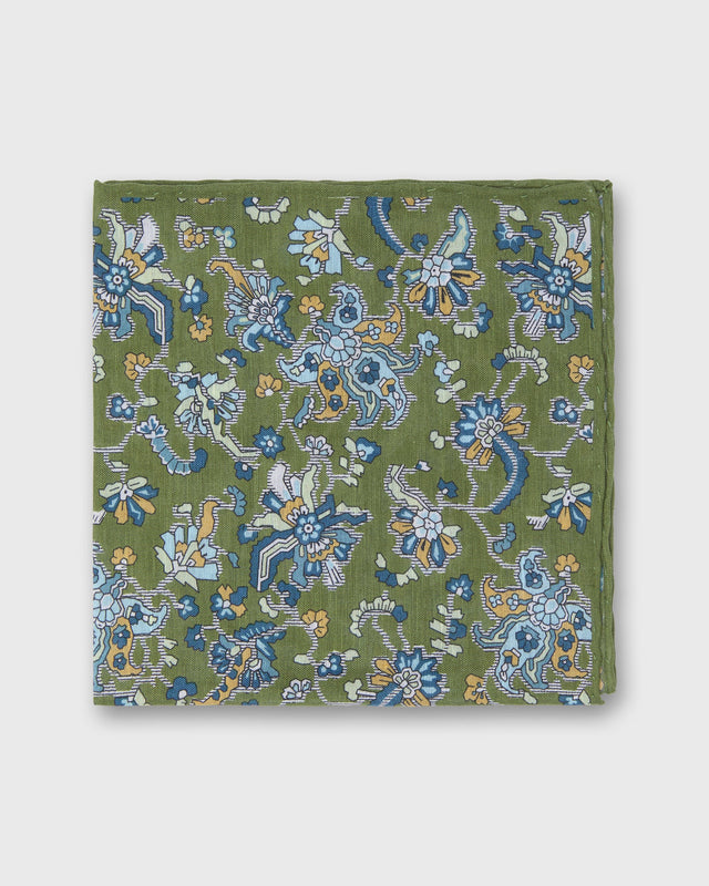 Linen Cotton Print Pocket Square In Green Sky Jacobean Floral