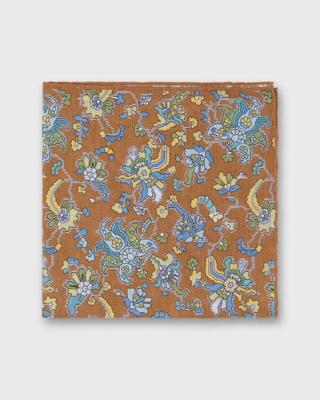 Linen Cotton Print Pocket Square In Sky Jacobean Floral