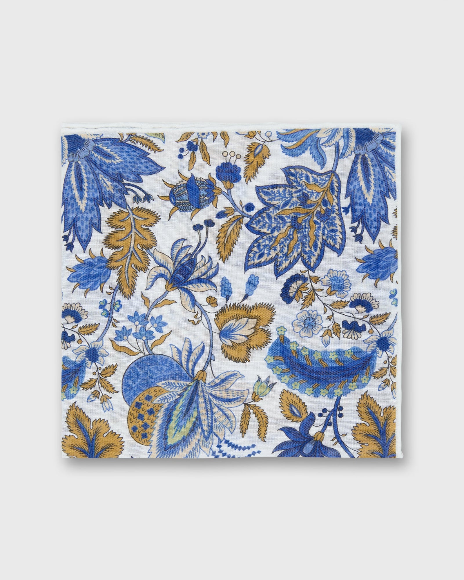 Linen Cotton Print Pocket Square In Chalk Navy Botanical
