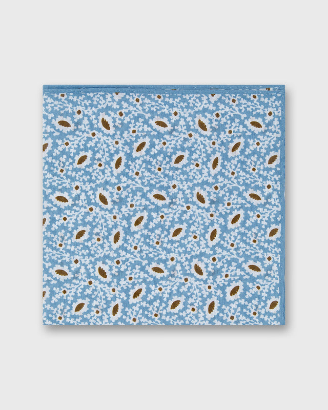 Linen/Cotton Print Pocket Square in Sky/Chalk/Brown Floral