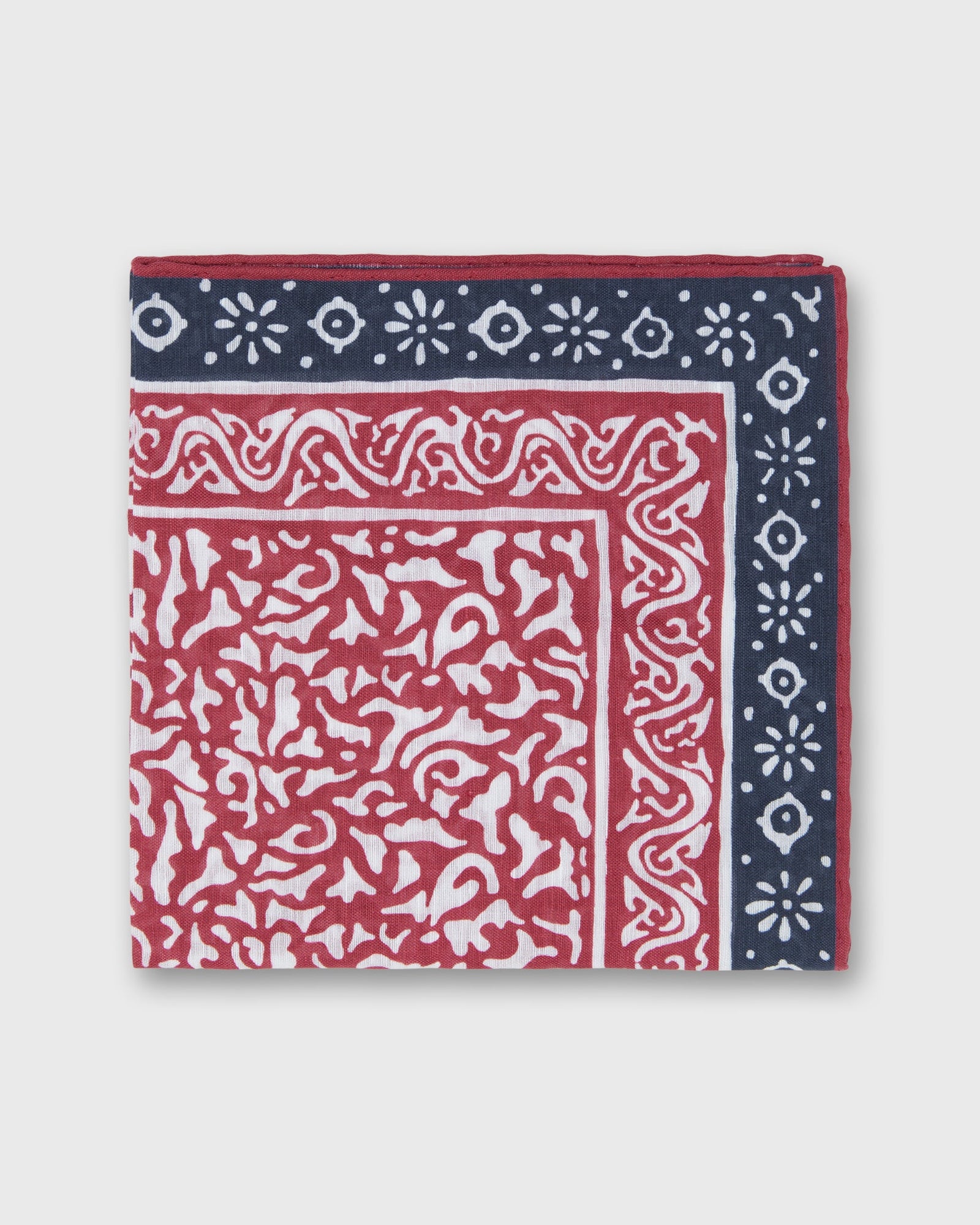 Linen Cotton Print Pocket Square In Red Navy Abstract