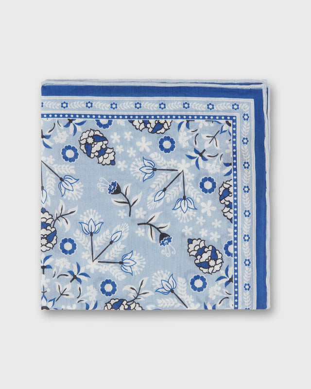 Hand-Rolled Silk/Cotton Print Pocket Square in Sky/Harbour/Chalk Floral