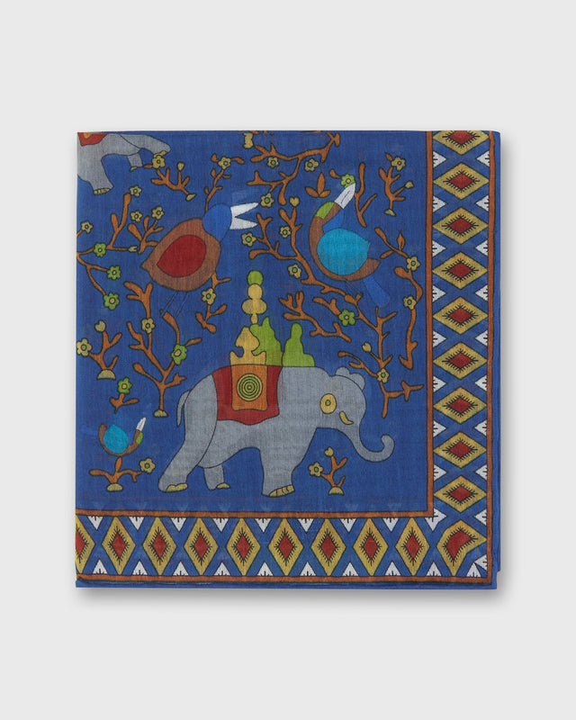 Hand-Rolled Cotton Print Pocket Square in Blue/Red Elephant