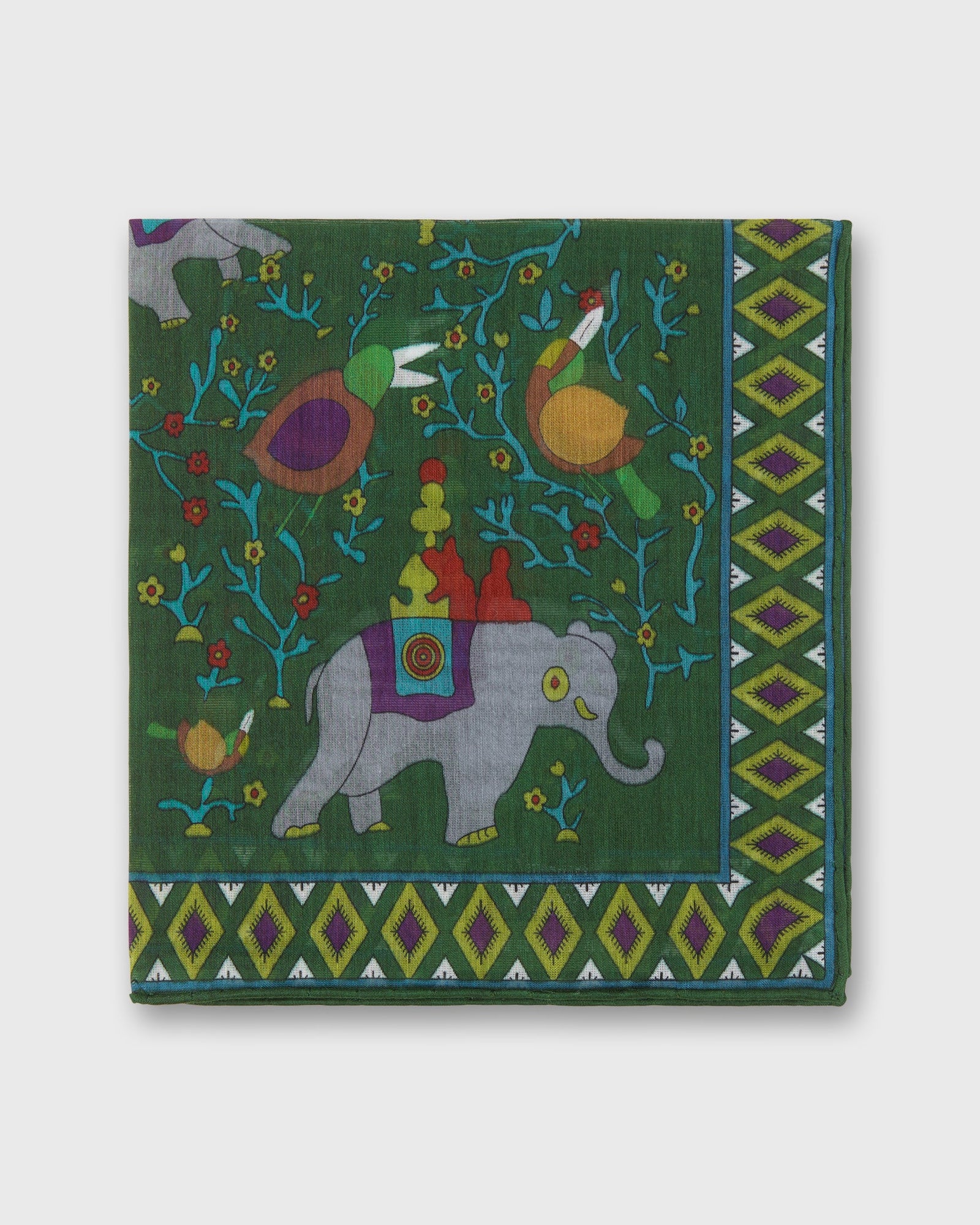 Hand-Rolled Cotton Print Pocket Square in Green/Purple Elephant
