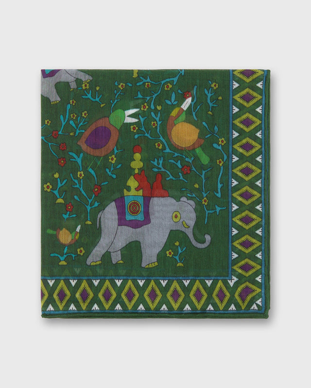 Hand-Rolled Cotton Print Pocket Square in Green/Purple Elephant