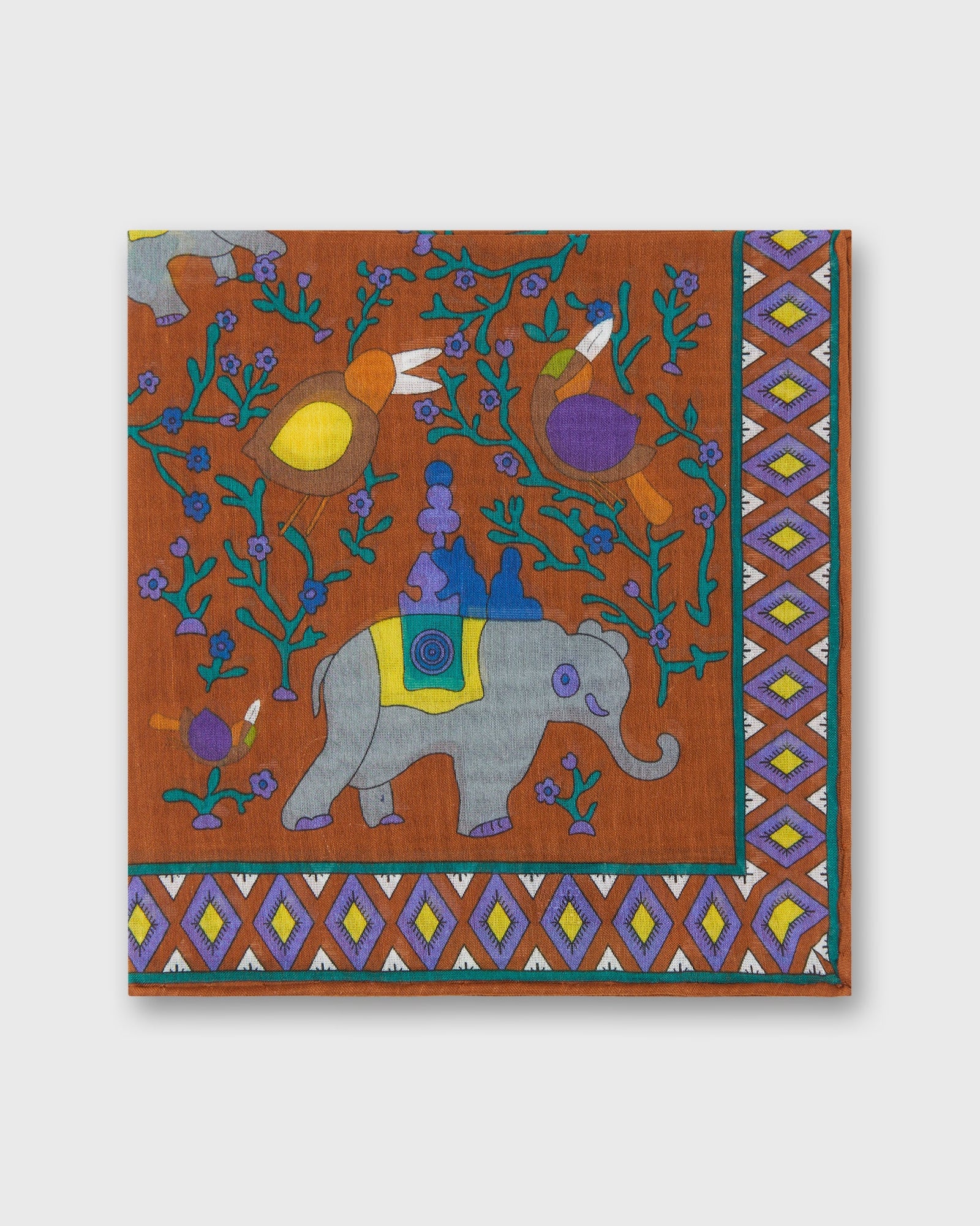 Hand-Rolled Cotton Print Pocket Square in Orange/Blue Elephant