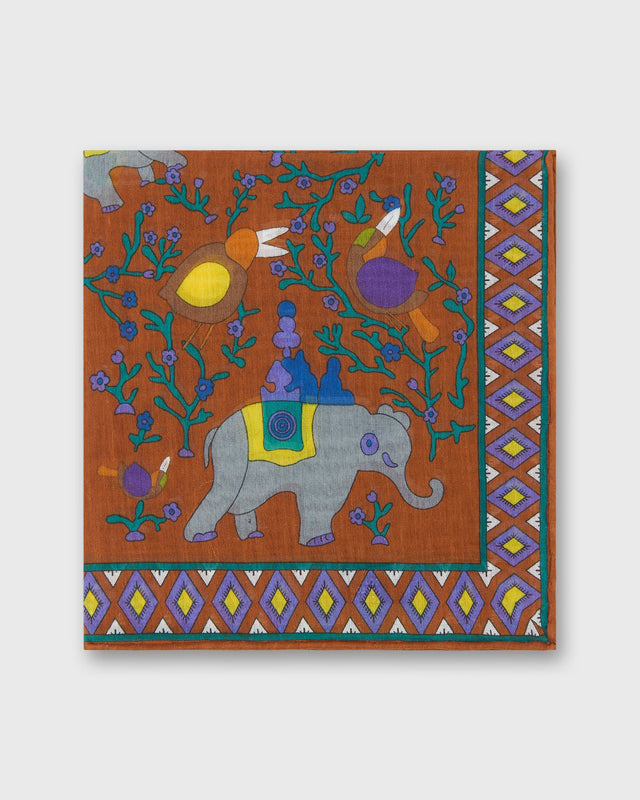Hand-Rolled Cotton Print Pocket Square in Orange/Blue Elephant