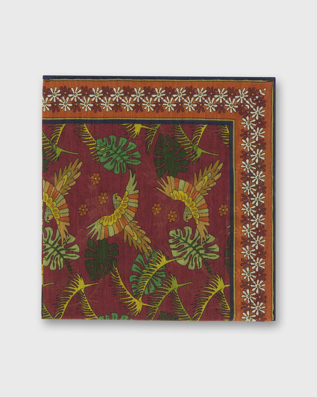 Hand-Rolled Cotton Print Pocket Square in Berry/Orange Tropical Bird