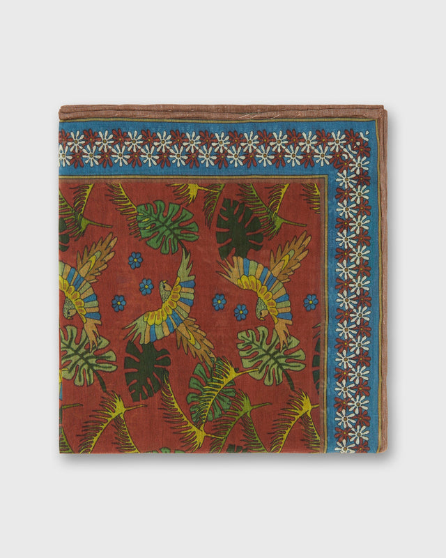 Hand-Rolled Cotton Print Pocket Square in Orange/Pink Tropical Bird