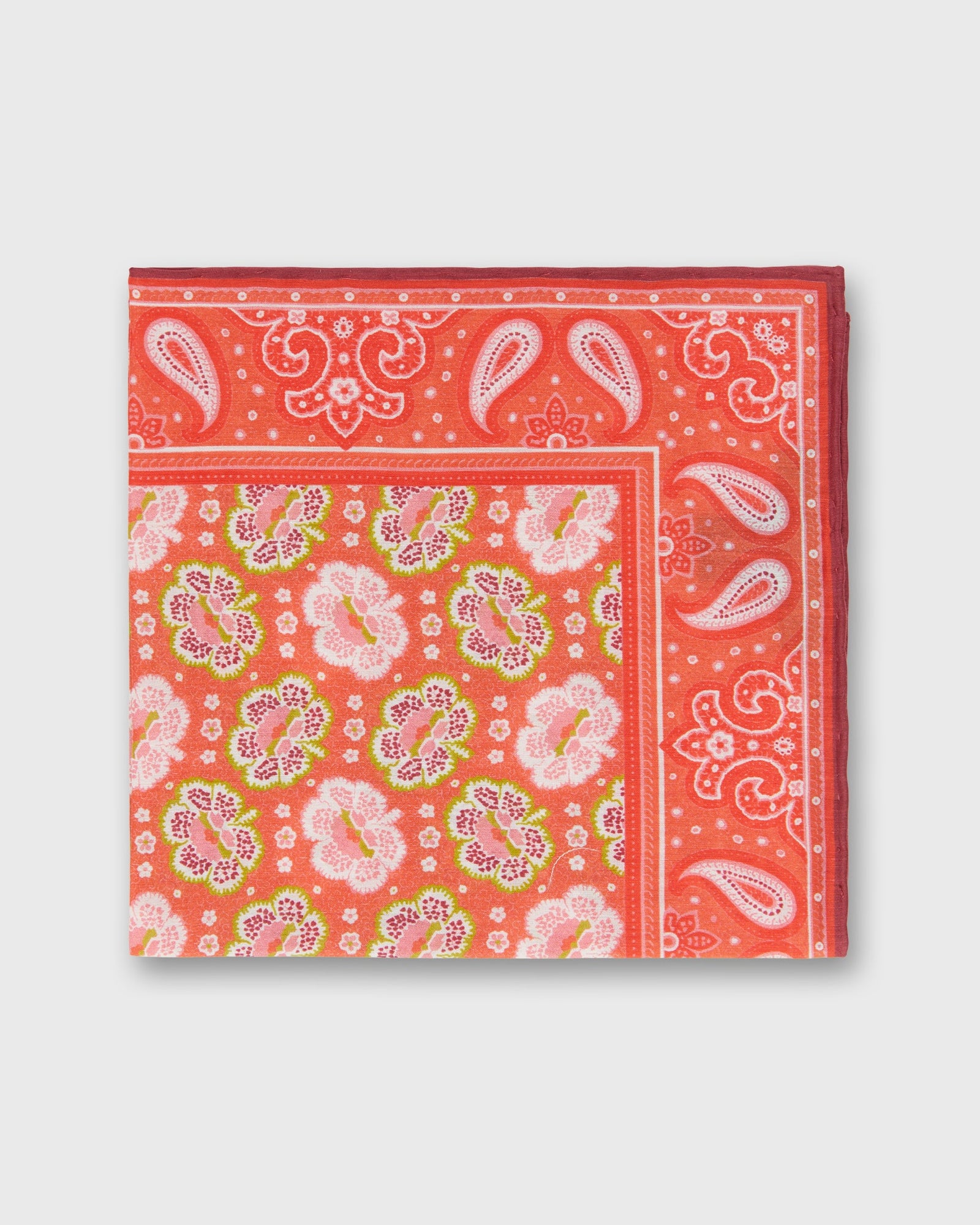 Hand-Rolled Silk/Cotton Print Pocket Square in Red/Pink Floral Bandana Print