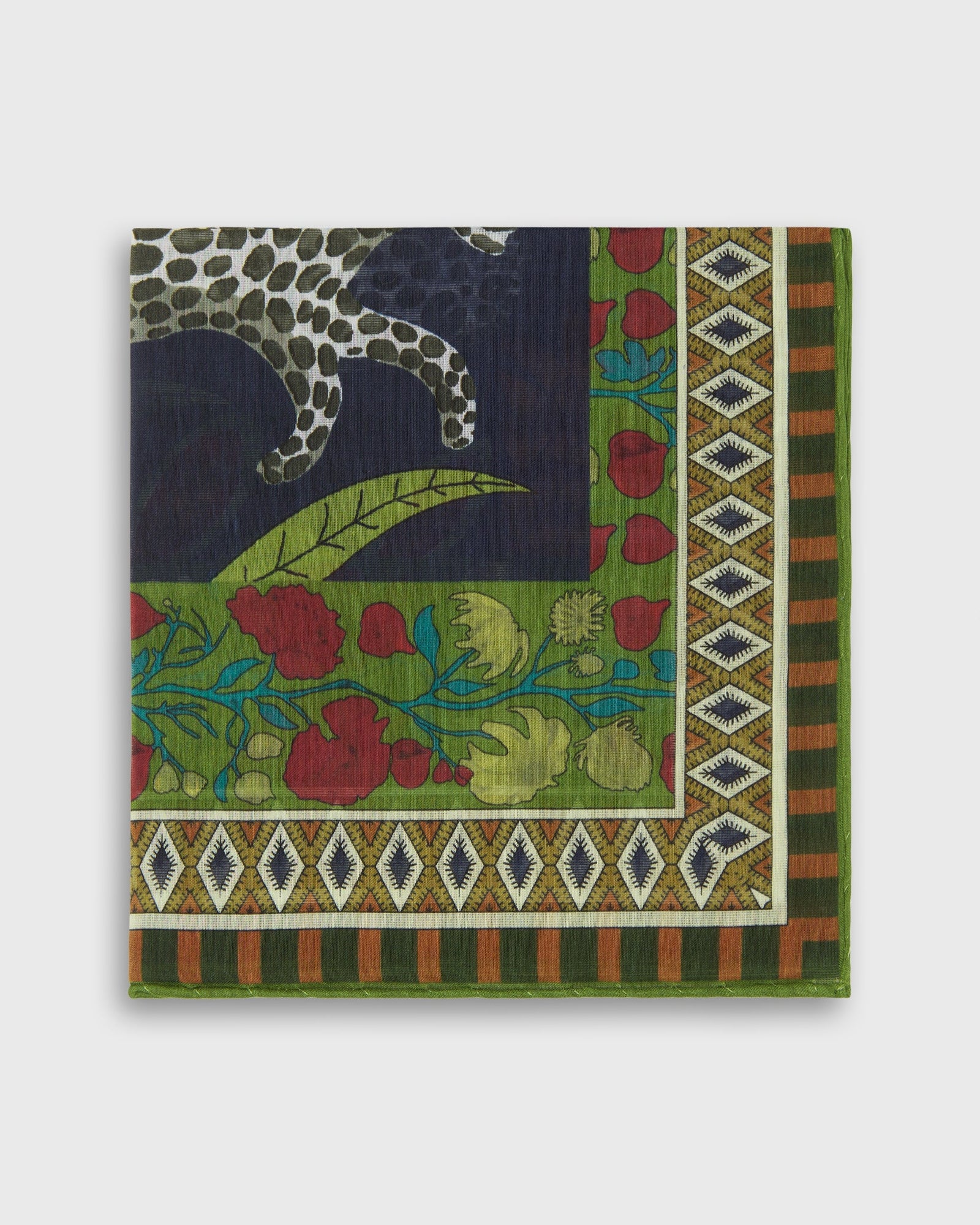 Hand-Rolled Cotton Print Pocket Square in Lovat/Berry Leopard