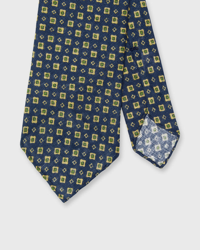 Linen Print Tie in Navy/Straw/Olive Foulard