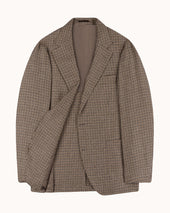 Sport Jacket - Tan Brown Houndstooth Check Wool Linen Silk
