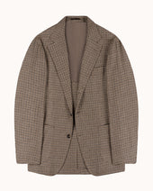 Sport Jacket - Tan Brown Houndstooth Check Wool Linen Silk