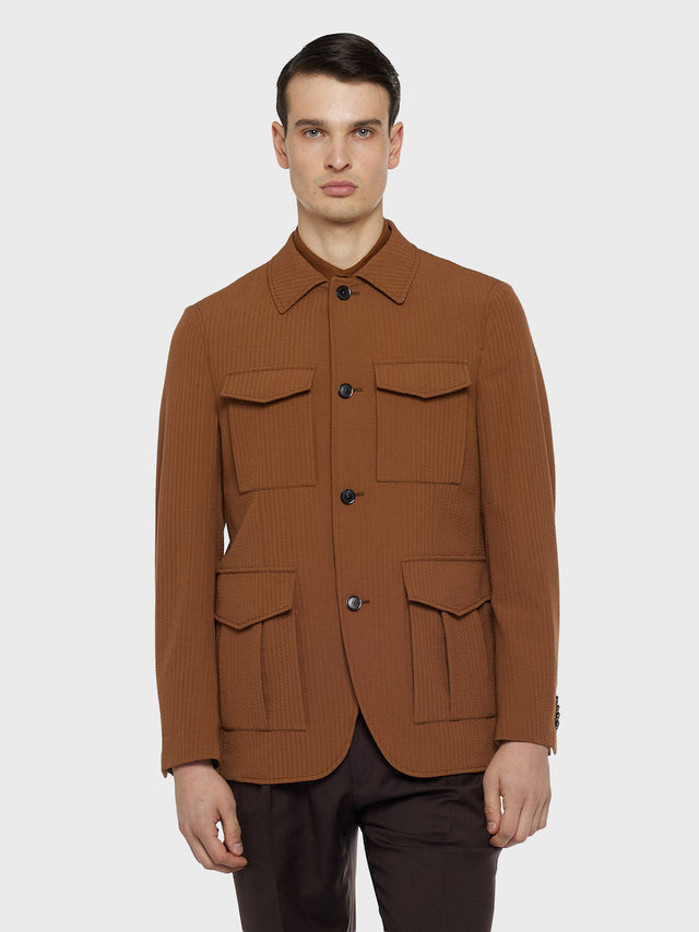 Giacca sahariana in seersucker di lana beige