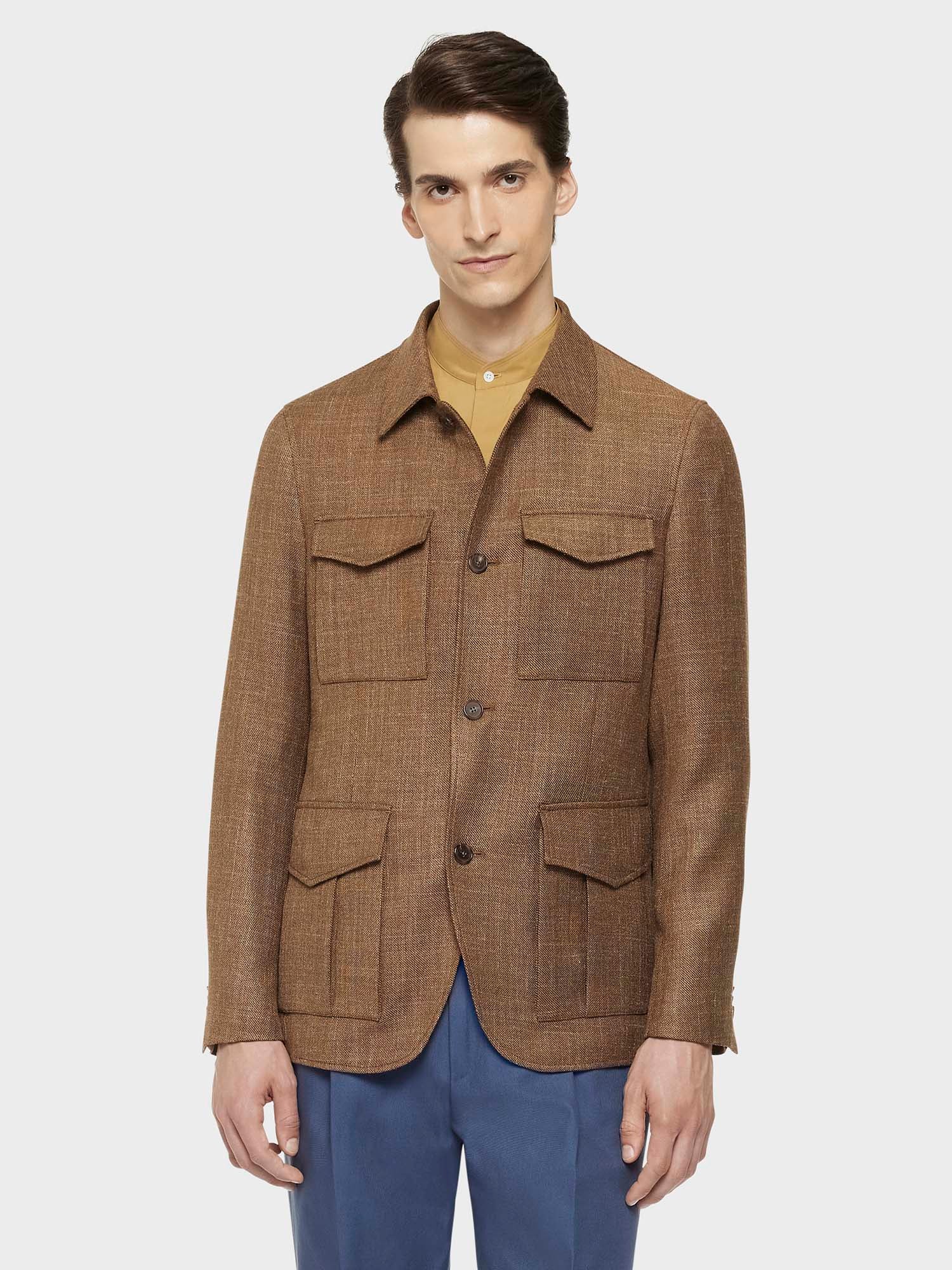 Giacca Sahariana In Lana Seta E Lino Beige