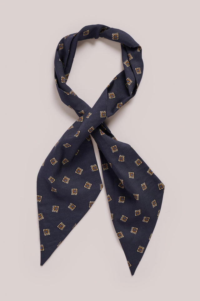 Neckerchief Bandana - Silk - Square Flower - Navy