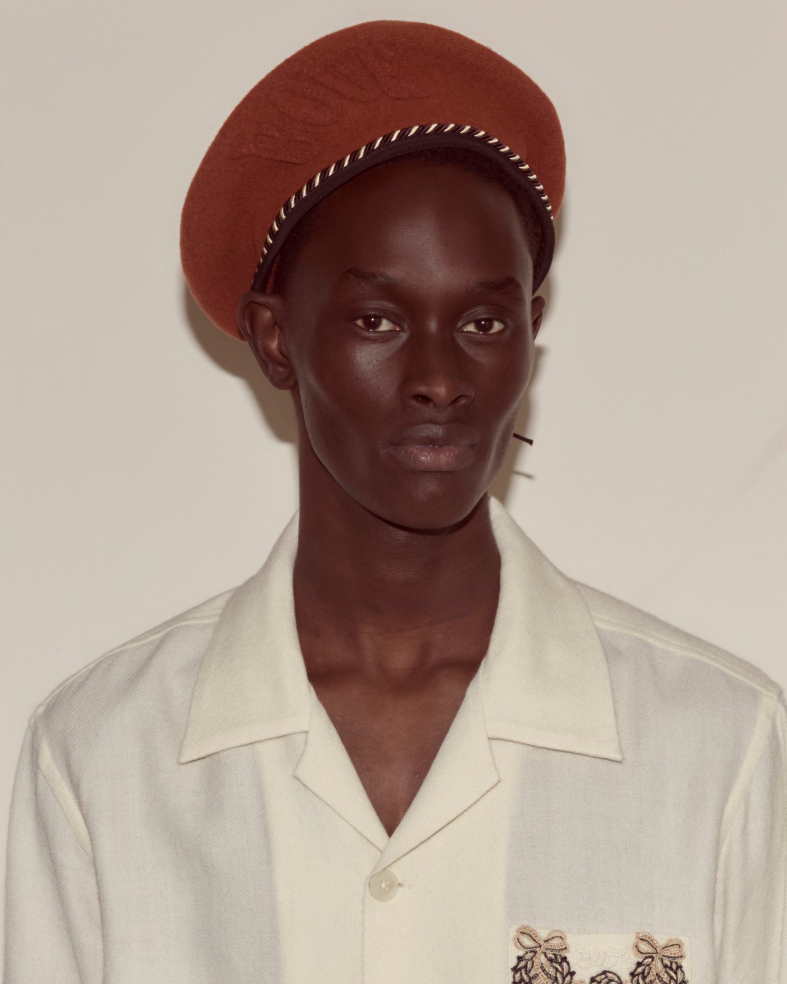 Script Beret With Brown Black Piping