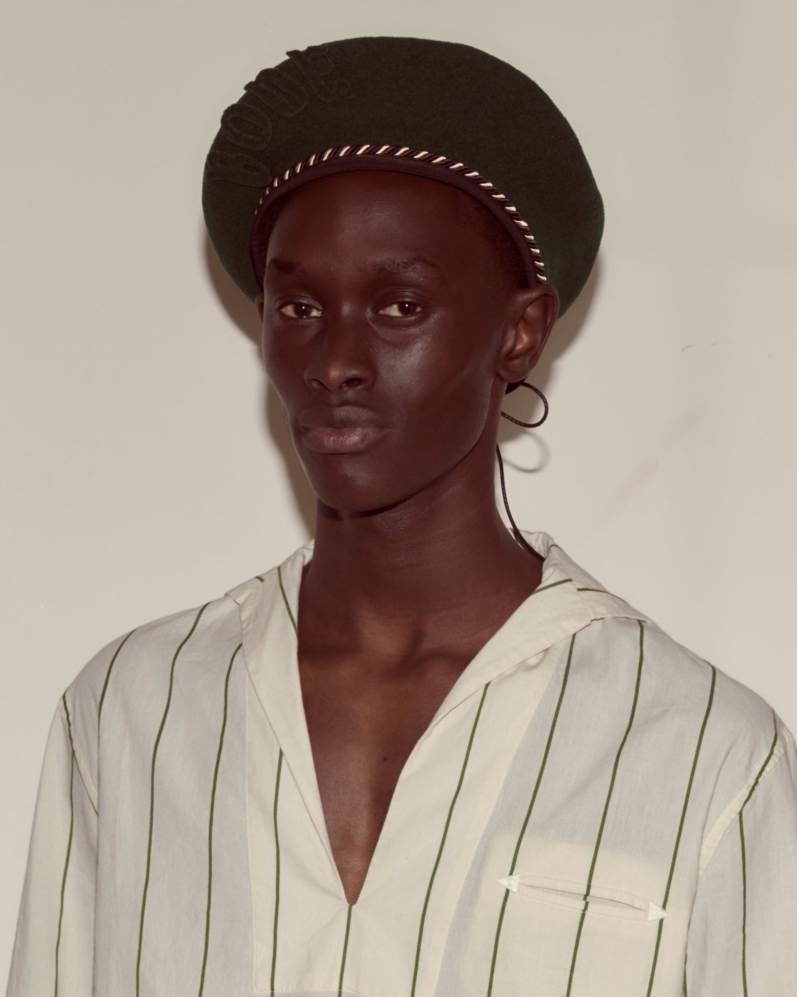 Script Beret - Green with Brown/Black Piping