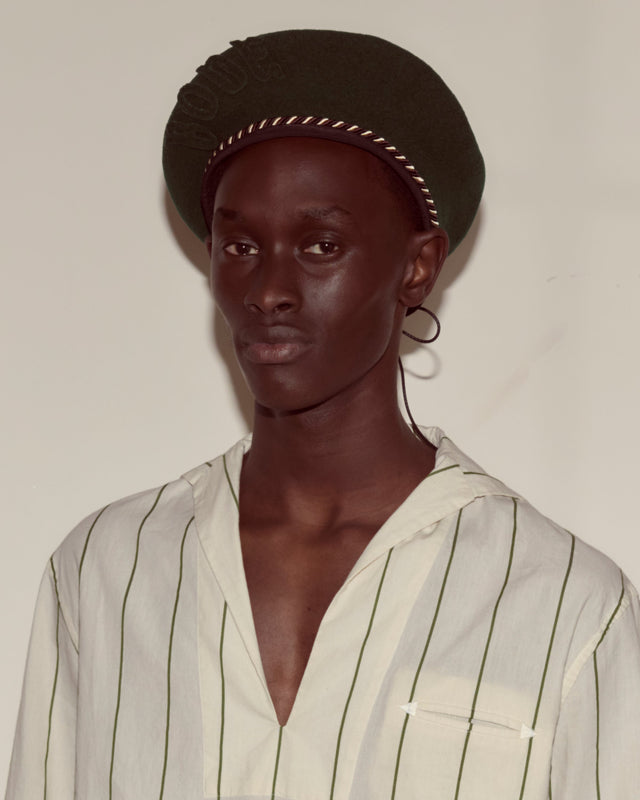 Script Beret - Green with Brown/Black Piping
