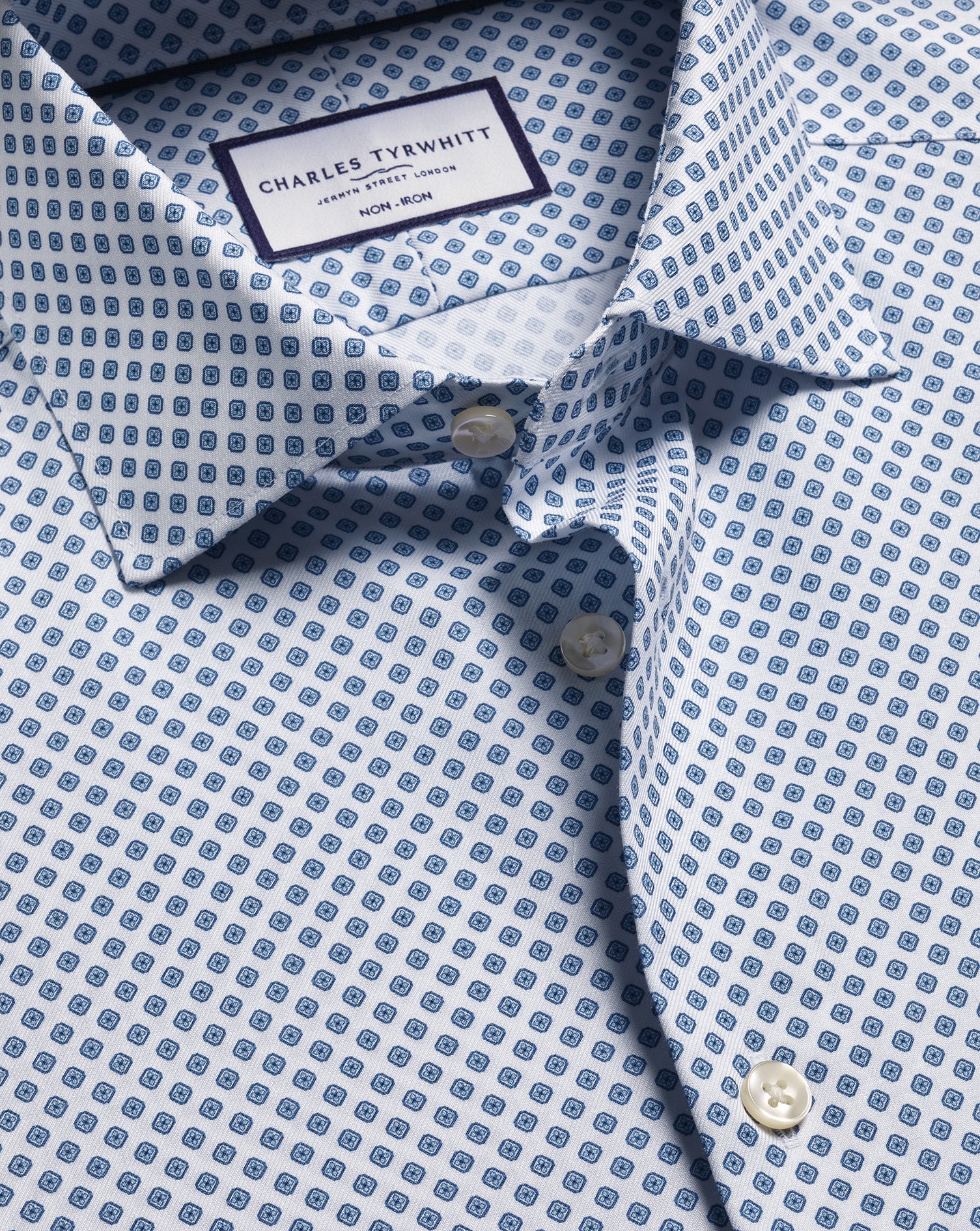 Non-Iron Stretch Diamond Print Shirt - Denim Blue