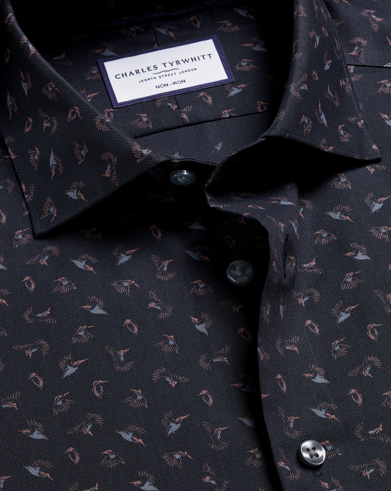 Non-Iron Stretch Bird Print Shirt - Charcoal