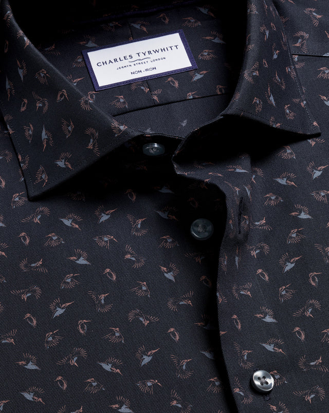 Non-Iron Stretch Bird Print Shirt - Charcoal