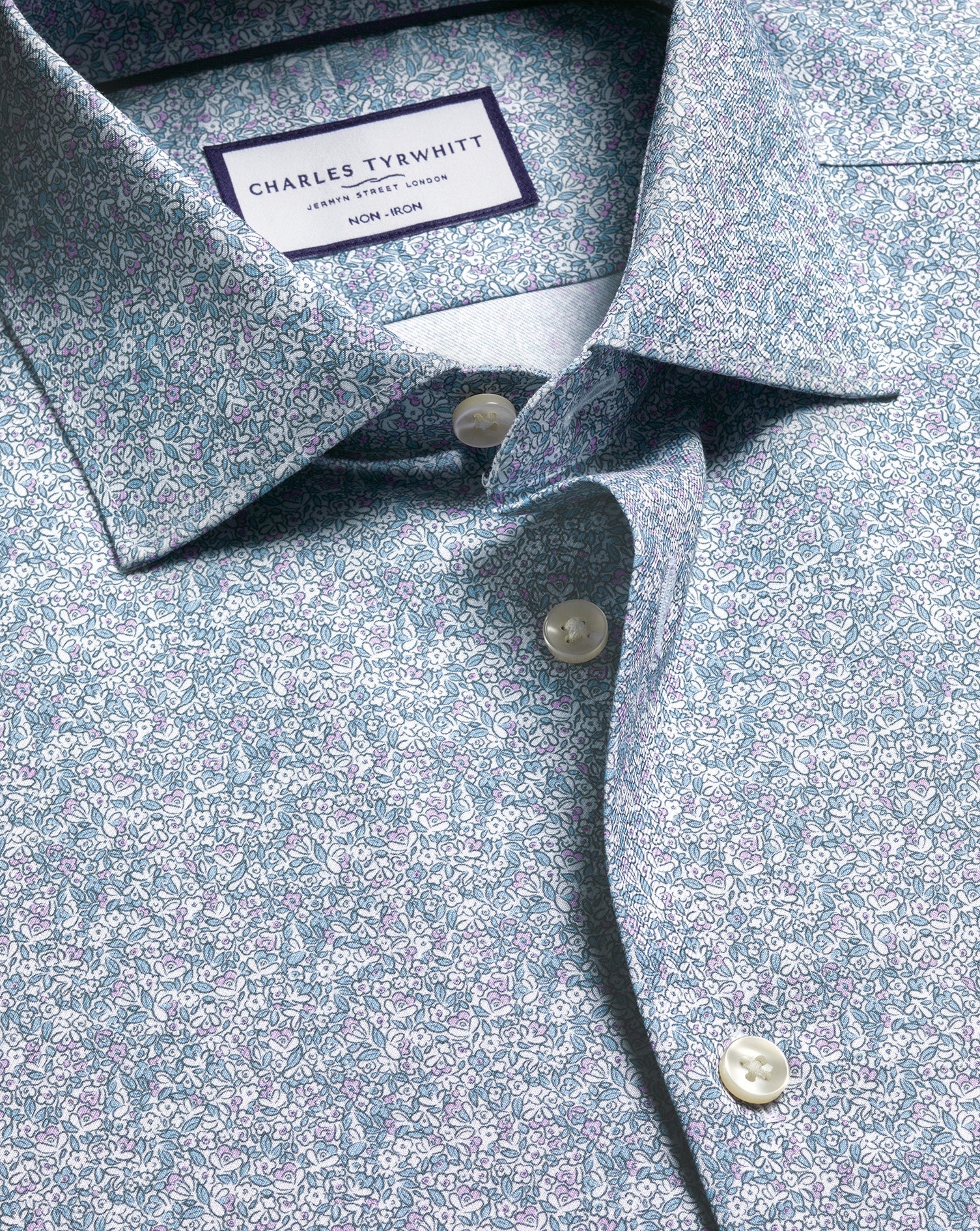 Non-Iron Stretch Floral Print Shirt - Indigo Blue & Lilac